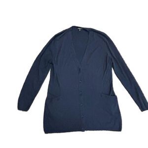 Lafayette 148 Navy V-Neck Button Front Long Sleeve  Long Cardigan Sweater Size L